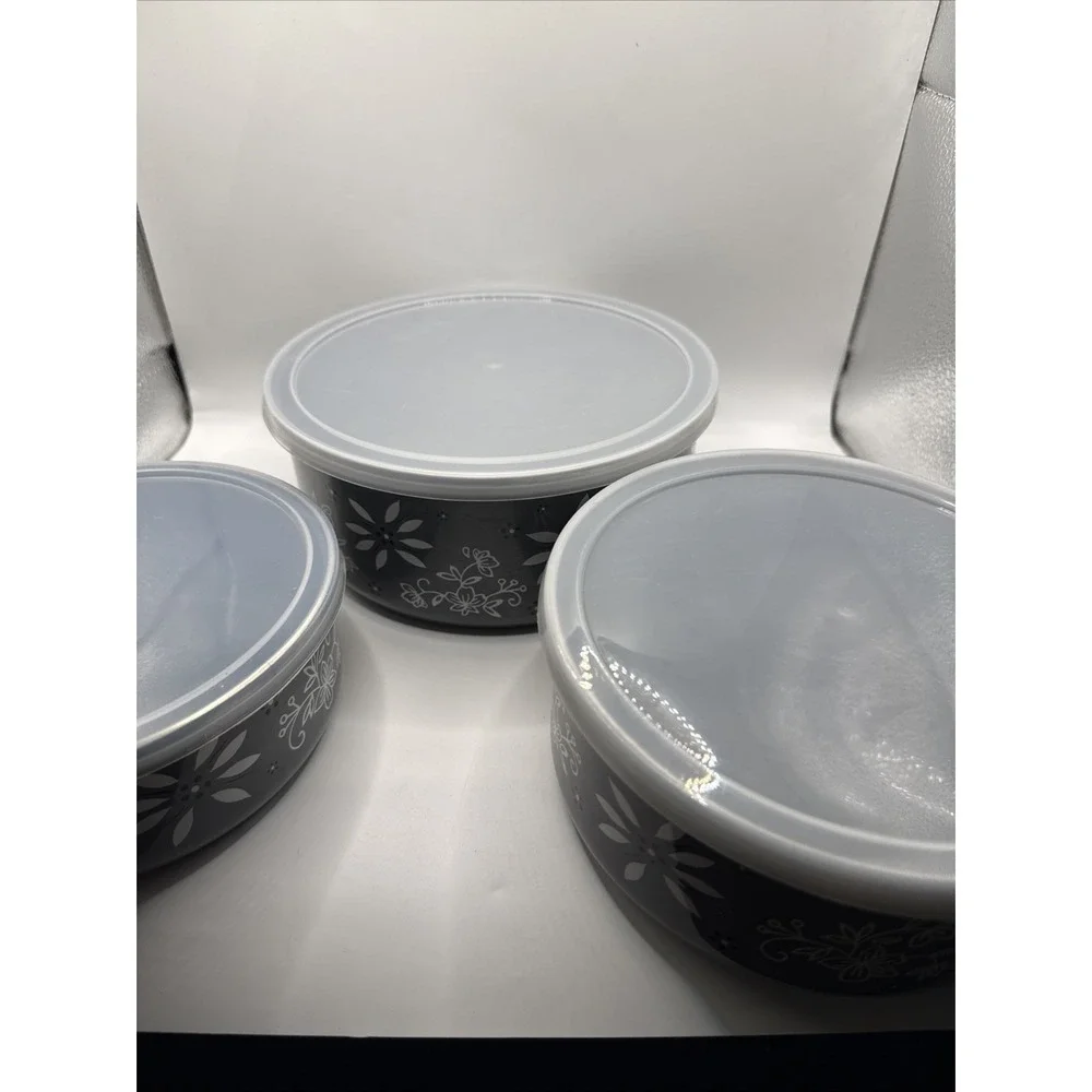 Temptations Stainless Steel Bowls With Lids/ Set of 3 Old World/Floral Lace Gray